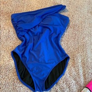 Over the shoulder blue swimsuit